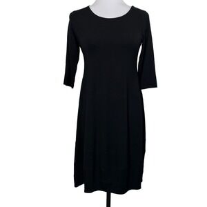 Eileen Fisher Dress Stretch Jersey Knit Black 3/4 Sleeve‎ Shift Size PP Petite